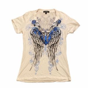 super cute white vneck ed hardy affliction like shirt with blue heart and wings